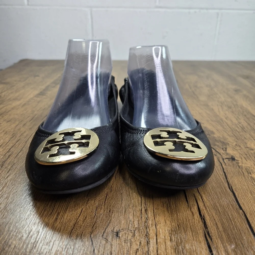Tory Burch Reva Black Leather Ballet Flats Gold Logo Hardware